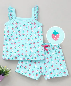 Babyhug Flutter Sleeves Top & Shorts Set Strawberry Print - Blue