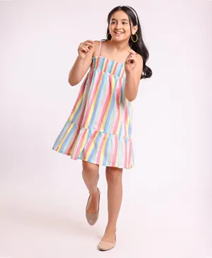 Pine Kids Singlet Sleeves Striped Frock - Multicolour