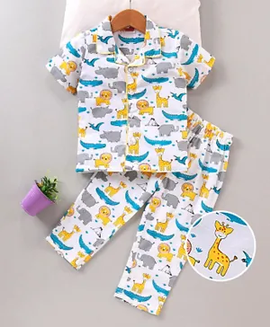 Babyhug Full Sleeves Night Suit Animal Print - White