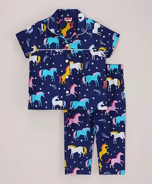 Babyhug Half Sleeves Shirt & Pyjama Set Unicorn Print - Navy