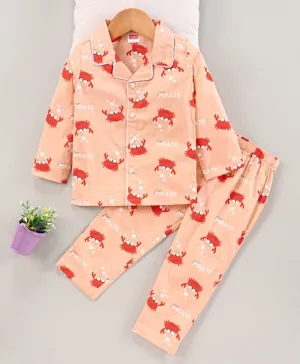 Babyhug Full Sleeves Shirt With Pyjama Sets Crab Print - Peach