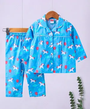 Babyhug Full Sleeves Shirt & Pyjama Set Horse Print - Blue
