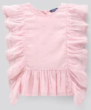 Pine Kids Flutter Sleeves Cotton Dobby Embroidered Top - Pink