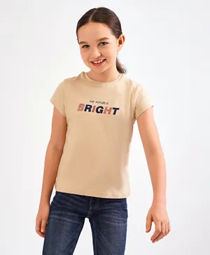 Primo Gino Short Sleeves Top Glitter Text Print - Beige