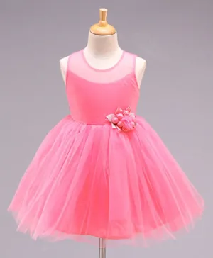 Babyhug Sleeveless Fit and Flare Glitter Party Wear Frock with Corsage - Pink