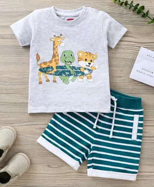 Babyhug Half Sleeves T-shirt & Shorts Set Animal Print And Striped- Multicolor