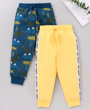 Babyhug Knit Full Length Cotton Lounge Pant Dino Print Pack of 2 - Yellow Green