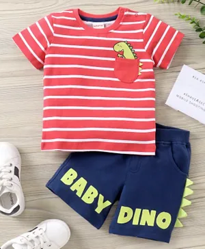 Babyhug Half Sleeves Striped Tee and Shorts Set Dino Print - Red Navy