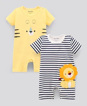 Bonfino Half Sleeves Striped Rompers Animal Face Print Lion Patch - Off White Yellow