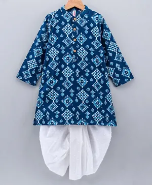 Babyhug Full Sleeves Cotton Printed Kurta and Dhoti Set - Indigo & White