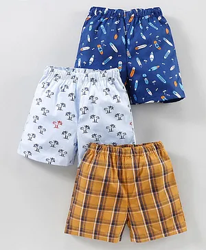 Babyhug Woven Boxers Multi Print Pack of 3 - Blue Brown
