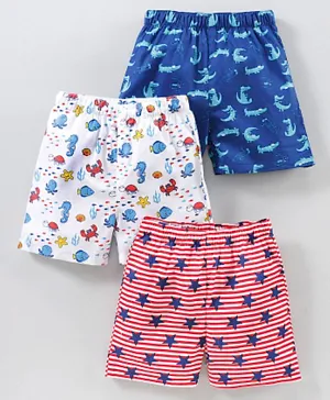 Babyhug Woven Boxers Multi Print Pack of 3 - Blue Red White