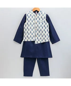 Babyhug Full Sleeves Cotton Kurta & Pyjama Set with Printed Waistcoat - Navy Blue
