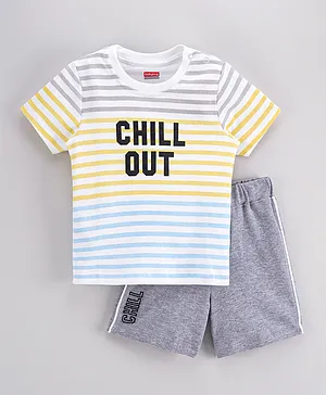Babyhug Half Sleeves Tee With Shorts Text & Stripes Print- Multicolor