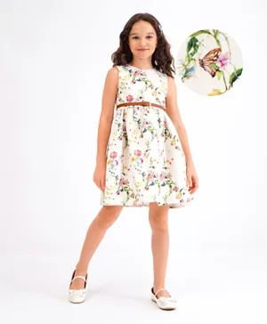 Primo Gino Sleeveless Party Frock with Floral Print - Off White