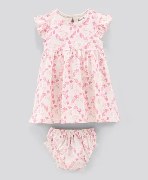 Bonfino Cap Sleeves Frock With Bloomer Floral Print - White Pink