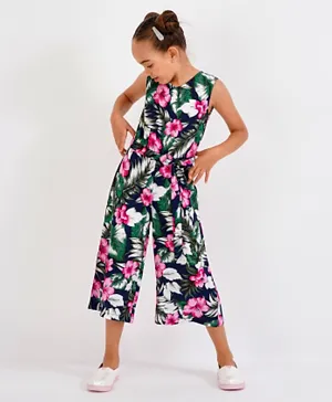 Primo Gino Jumpsuit with Tie Knot Belt Floral Print - Navy Blue