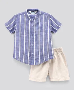 Bonfino Half Sleeves Striped Shirts & Shorts Set - Blue