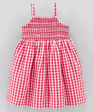 Bonfino Singlet Sleeves Frock With Smocked Detailing Checks Print - Red