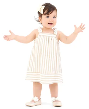 Bonfino Singlet Sleeves Striped Frock With Floral Corsage - White