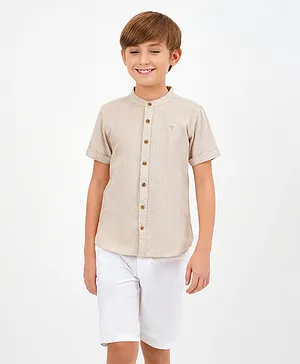 Primo Gino Half Sleeves Cotton Solid Shirt - Beige