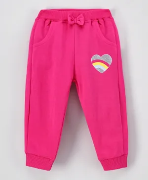 Babyhug Full Length Loungepants Heart Print & Bow Applique - Fuchsia Pink