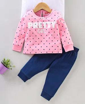 Babyhug Full Sleeves T-Shirt & Pyjama Set Text & Polka Print - Pink Blue