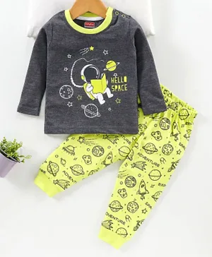 Babyhug Full Sleeves T-Shirt & Pyjama Set Space Print - Anthra Yellow