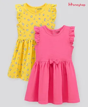 Honeyhap Premium Frill Sleeves Frocks With   Anti-Microbial  Finish Bow Appliques Pack of 2 - Yellow Pink
