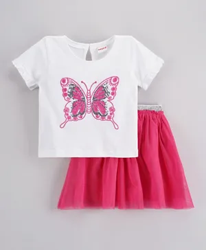 Babyhug - Top & Skirt Sequin Butterfly Embroidery - White Fuchsia