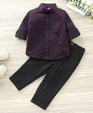 Babyhug Striped Shirt & Trouser with Bow - Black Purple