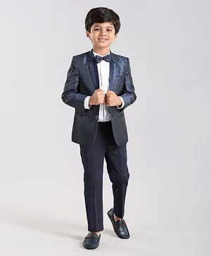 Babyhug Full Sleeves Solid Party Suit with Bow and Blazer - White Blue