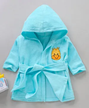 Babyhug Three Fourth Sleeves Hooded Bath Robe Rhino Embroidery - Blue