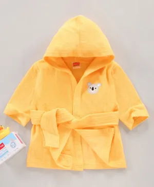 Babyhug Three Fourth Sleeves Hooded Bath Robe Koala Face Embroidery - Yellow