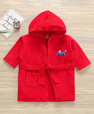 Babyhug Three Fourth Sleeve Bathrobe With Hood And Embroidery - Red