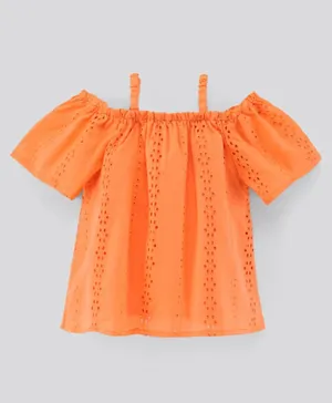 Pine Kids Cotton Woven Half Sleeves  Schiffili Pattern Top - Orange