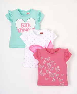 Babyhug Cotton Knit Cap Sleeves Text & Butterfly Printed Tops Pack Of 3 - Multicolour