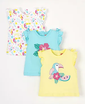 Babyhug Frill Sleeves Cotton Bird and Floral Graphics Tops Pack of 3 - Multicolour