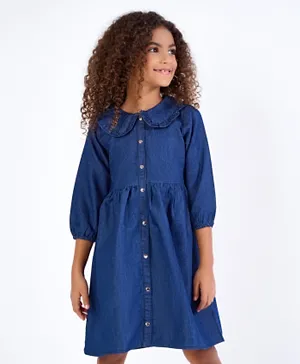 Primo Gino 3/4th Sleeves Knee Length Mid Wash Frock Solid- Blue