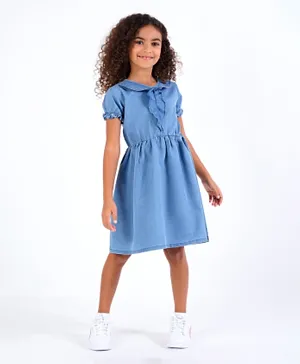 Primo Gino Half Sleeves Knee Length Mid Wash Frock Solid- Blue