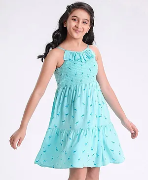 Pine Kids Rayon Woven Sleeveless Frock Dress Flamingo Print - Turquoise Blue