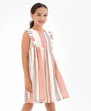Primo Gino Flutter Sleeves Frock Striped - White