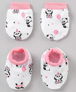 Babyhug 100% Cotton Panda Print Mittens & Booties Set  - White & Pink