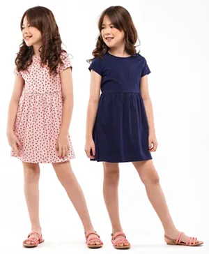 Primo Gino Cap Sleeves Frock Solid & Printed Pack of 2 - Pink Navy