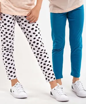 Primo Gino Ankle Length Leggings Solid & Dots Print Pack of 2 - White Teal
