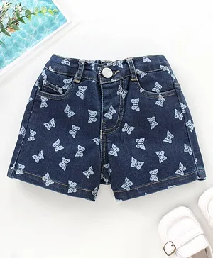 Babyhug Mid Thigh Denim Shorts with Butterflies Print - Blue