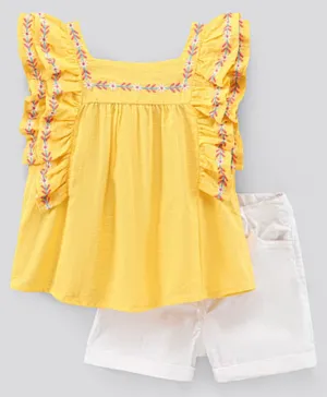 Pine Kids Flutter Sleeves Floral Embroidery Top & Shorts Set - Yellow