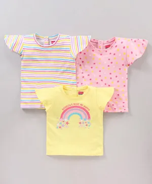 Babyhug Cap Sleeves Cotton Striped and Graphics Tops Pack of 3 - Yellow Pink