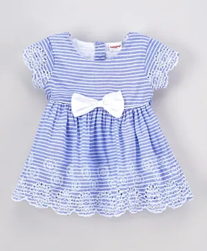 Babyhug 100% Cotton Half Sleeves Striped Frock with Schiffli Embroidery - Blue