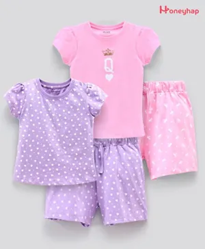 Honeyhap Premium Cap Sleeves Top & Shorts With   Anti-Microbial  Finish Hearts Print - Purple